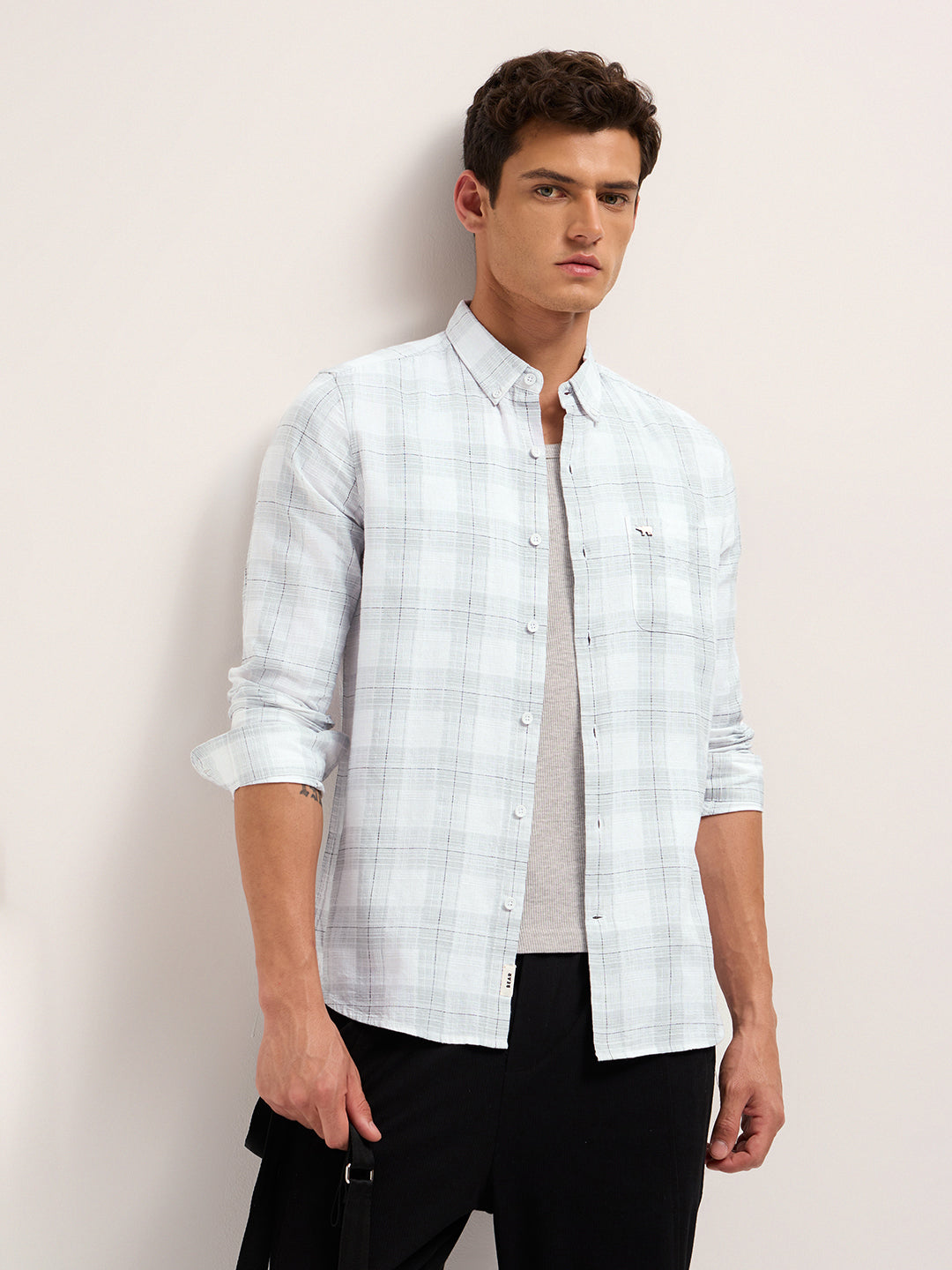 White & Grey Woven Check Slim Fit Casual Shirt
