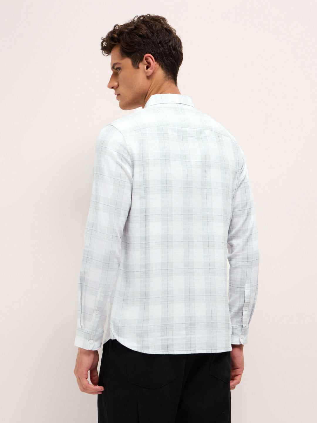 White & Grey Woven Check Slim Fit Casual Shirt