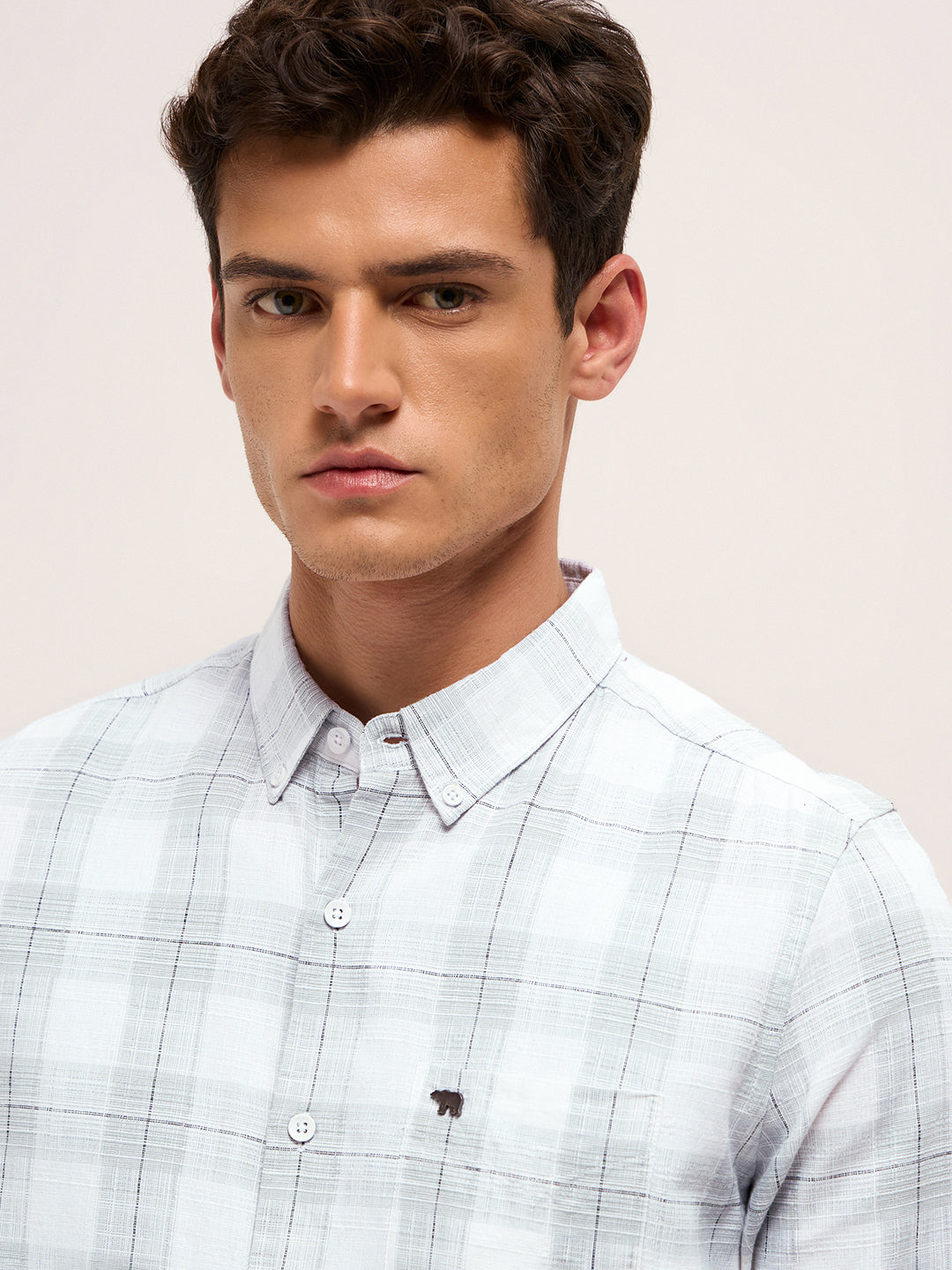 White & Grey Woven Check Slim Fit Casual Shirt
