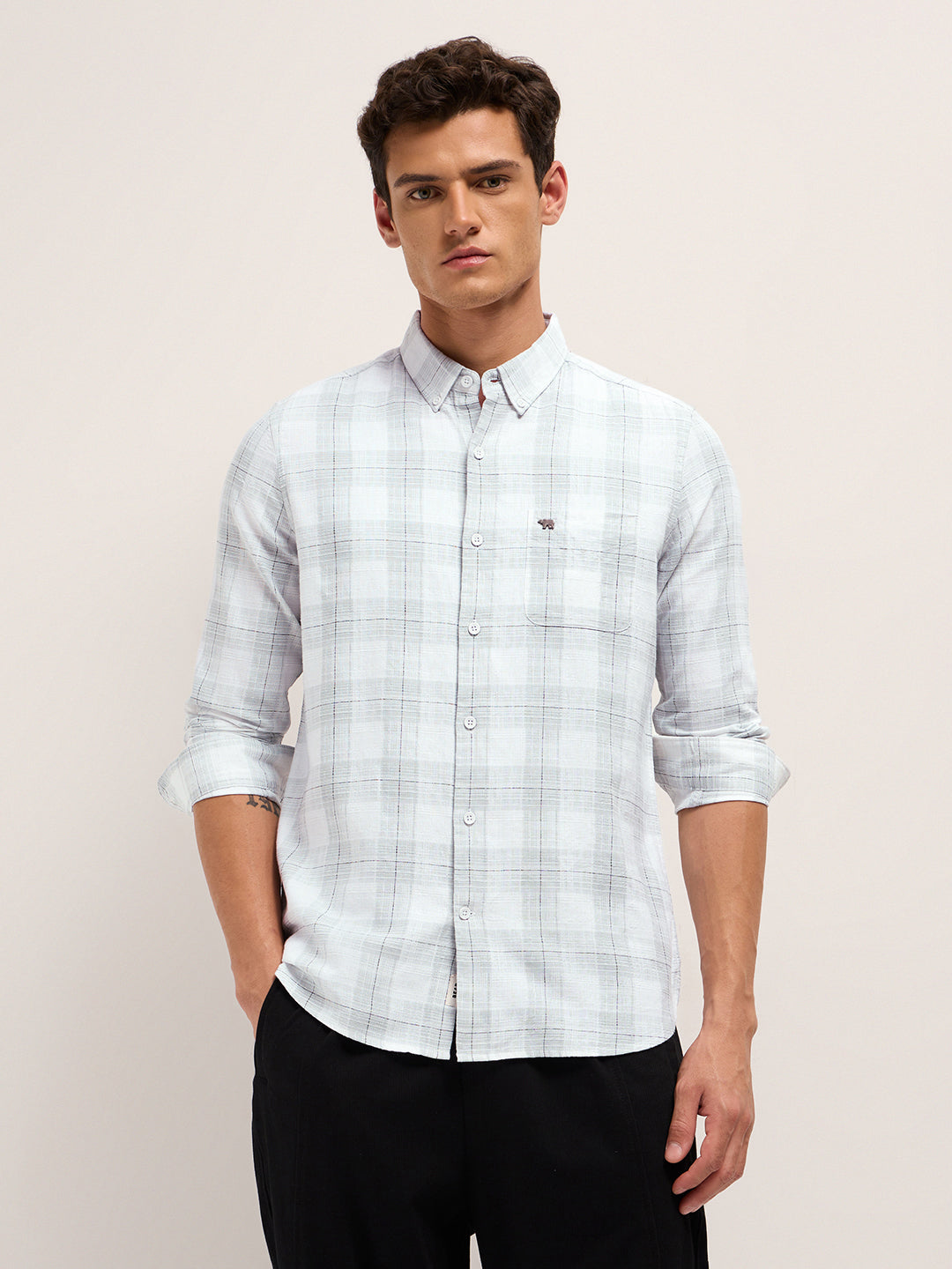 White & Grey Woven Check Slim Fit Casual Shirt