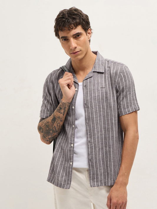 Brown Linen Vertical Textured Stripe Relaxed Fit Half Sleeve Casual Shirt