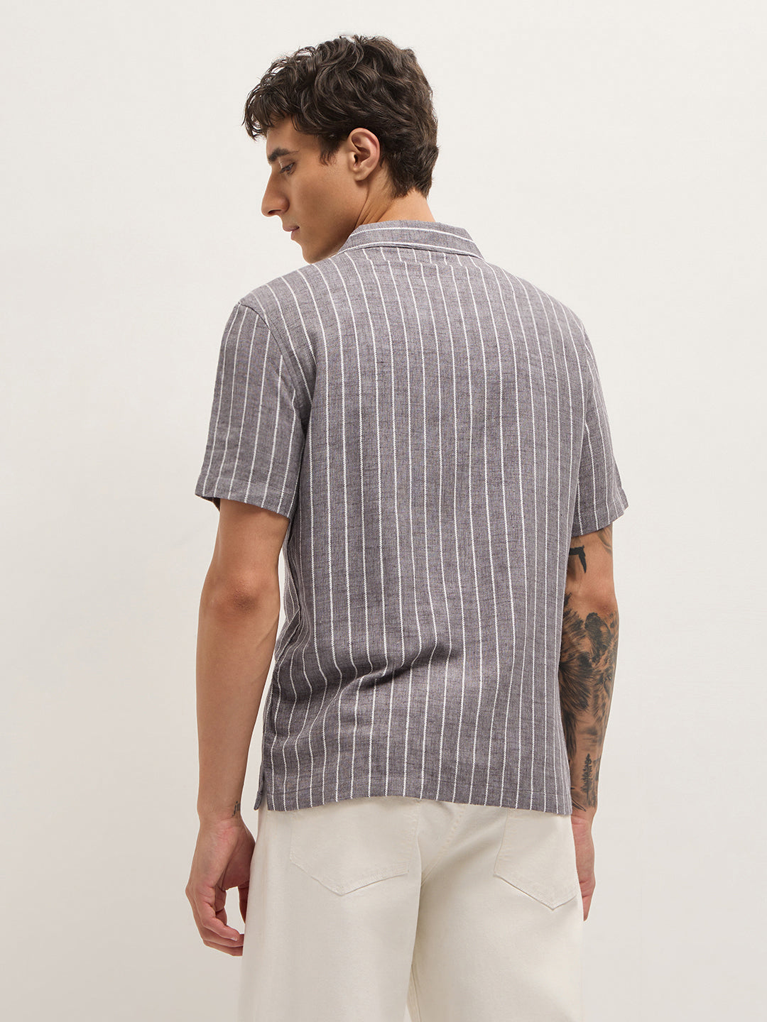 Brown Linen Vertical Textured Stripe Relaxed Fit Half Sleeve Casual Shirt