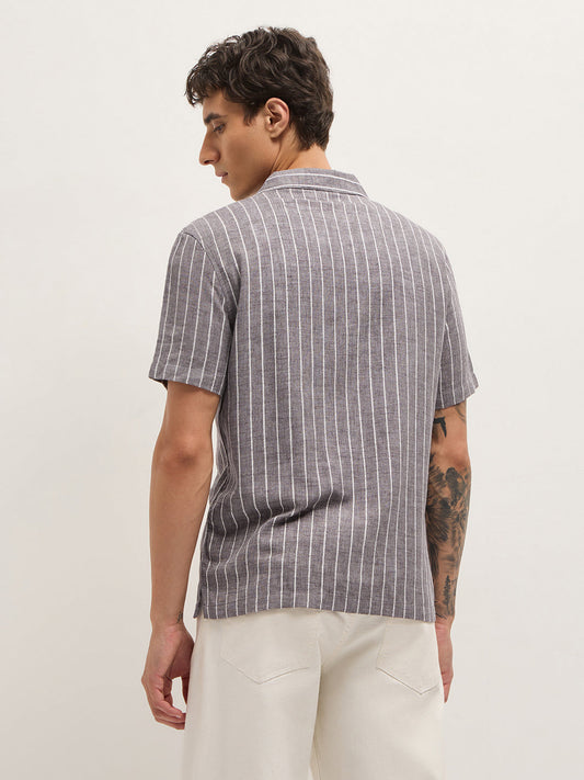 Brown Linen Vertical Textured Stripe Relaxed Fit Half Sleeve Casual Shirt