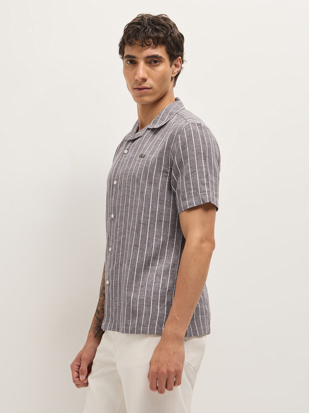 Brown Linen Vertical Textured Stripe Relaxed Fit Half Sleeve Casual Shirt