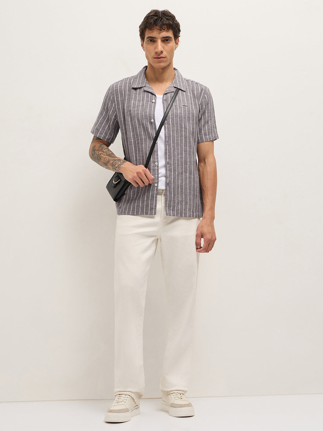 Brown Linen Vertical Textured Stripe Relaxed Fit Half Sleeve Casual Shirt