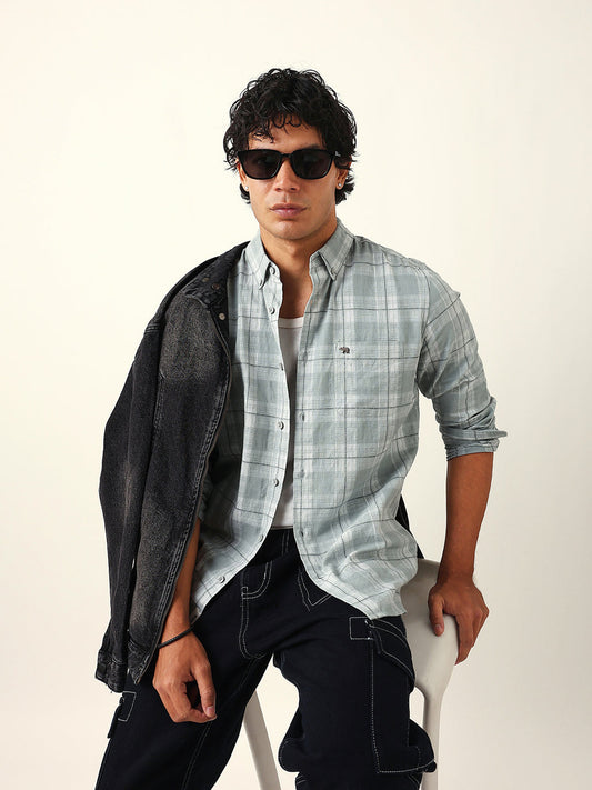 Light Green & White Woven Checked Slim Fit Casual Shirt