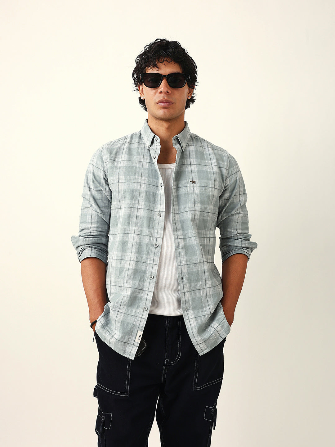 Light Green & White Woven Checked Slim Fit Casual Shirt