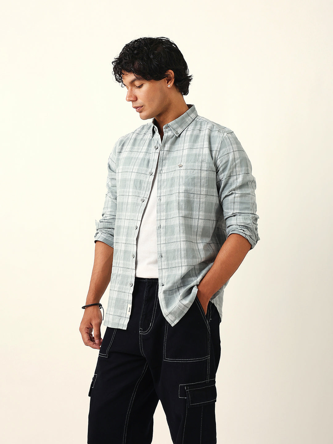 Light Green & White Woven Checked Slim Fit Casual Shirt