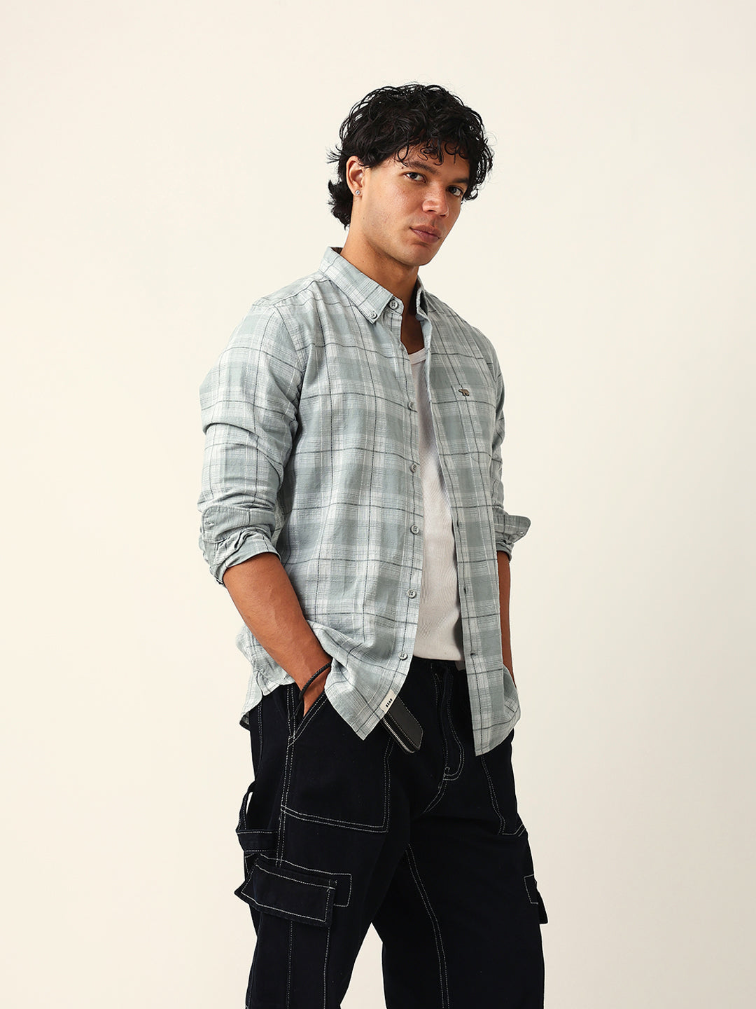 Light Green & White Woven Checked Slim Fit Casual Shirt