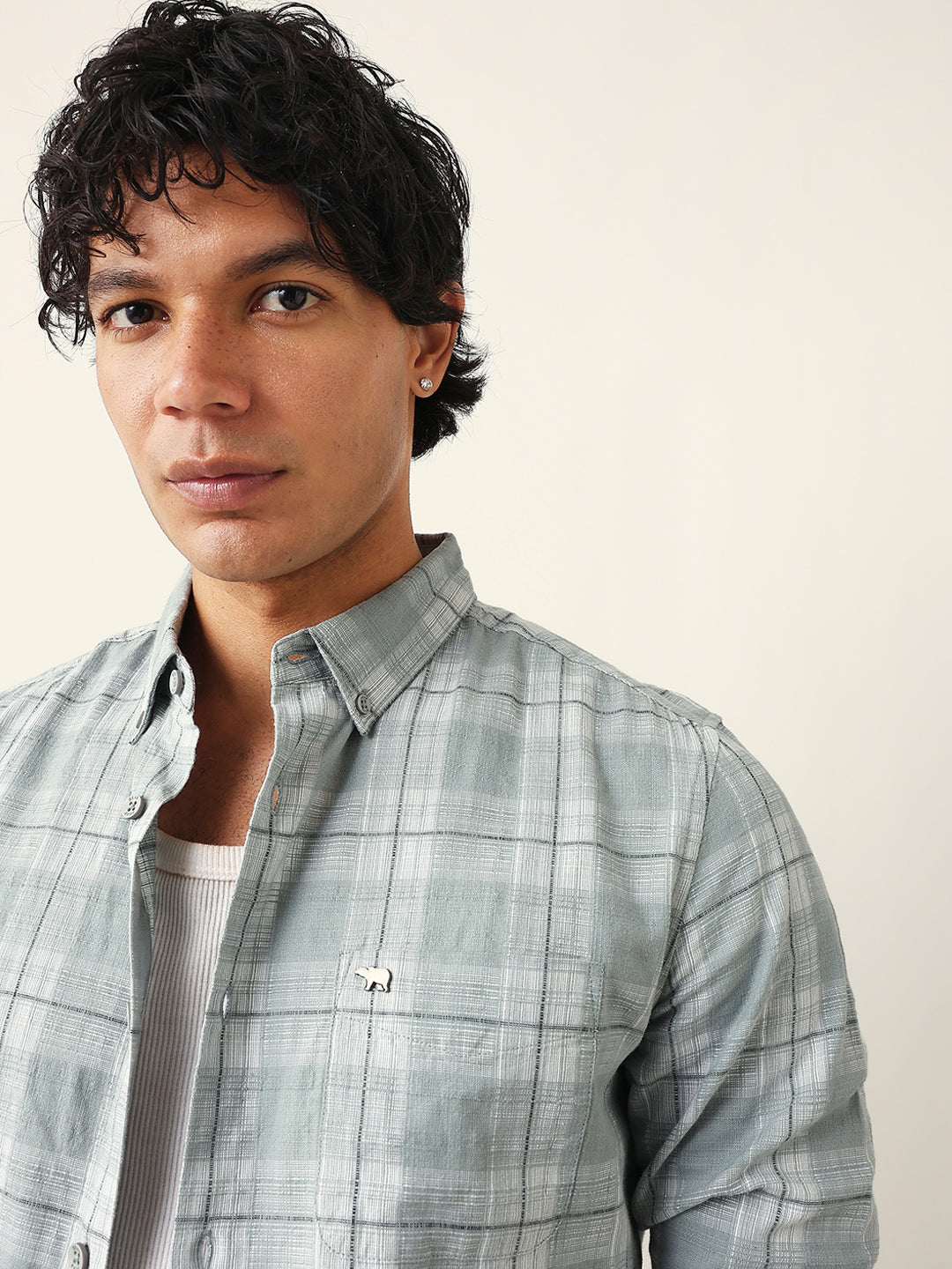 Light Green & White Woven Checked Slim Fit Casual Shirt