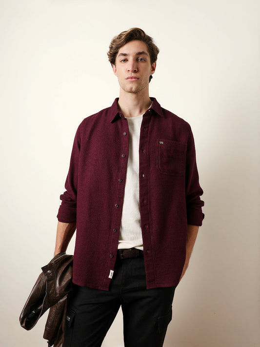 Maroon Woven Textured Regular Fit Casual Shirt