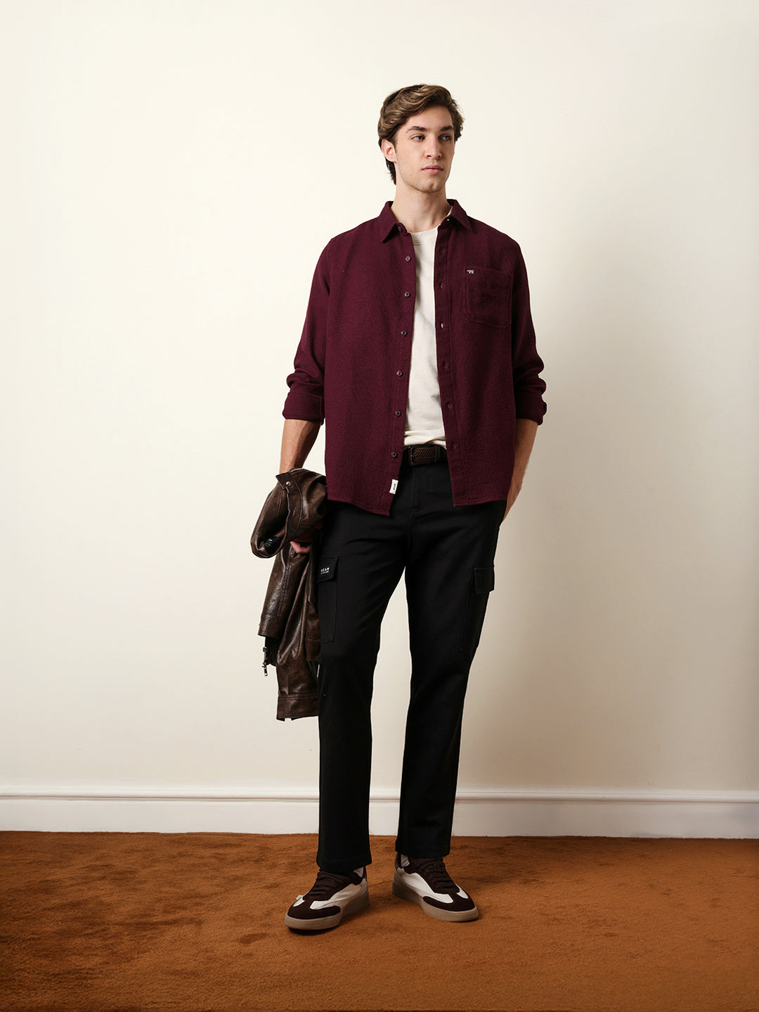 Maroon Woven Textured Regular Fit Casual Shirt