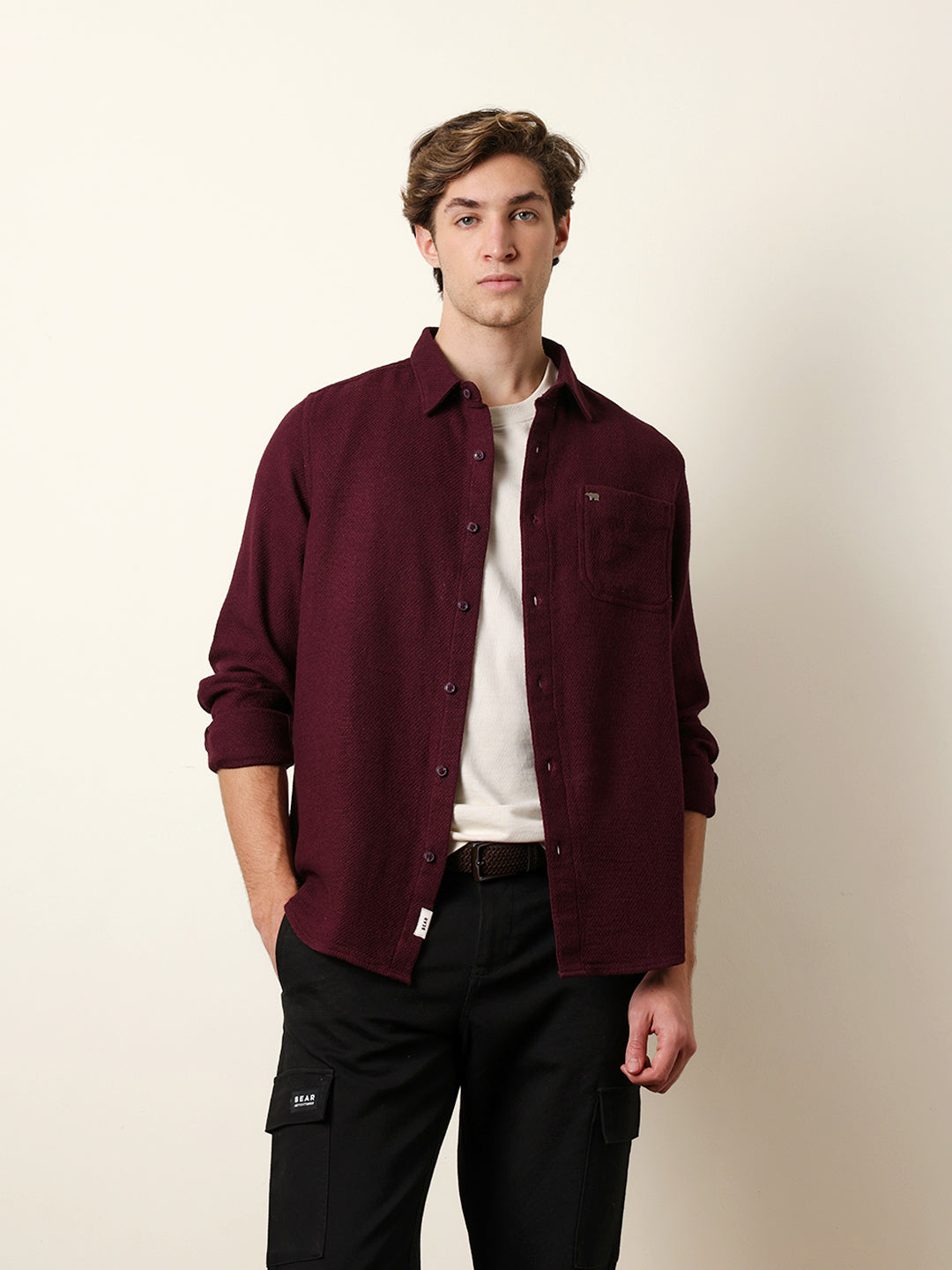 Maroon Woven Textured Regular Fit Casual Shirt