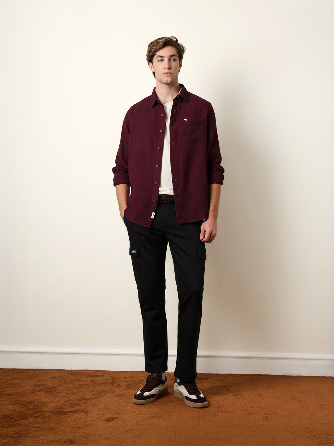 Maroon Woven Textured Regular Fit Casual Shirt