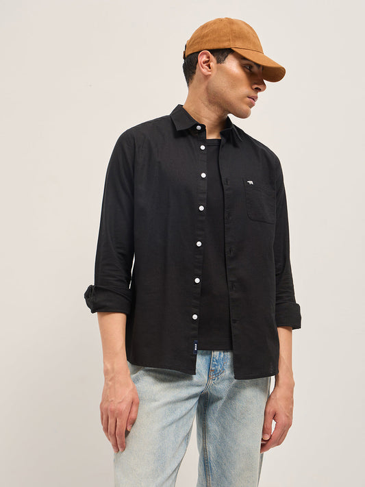 Black Cotton Linen Slim Fit Solid Casual Shirt