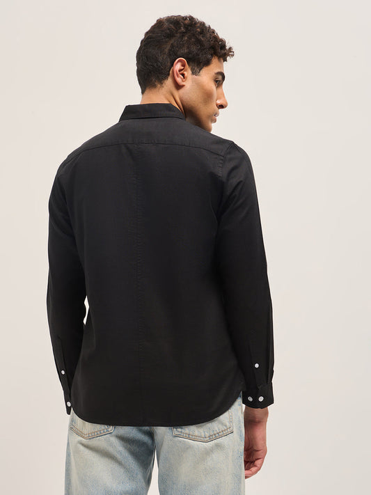 Black Cotton Linen Slim Fit Solid Casual Shirt