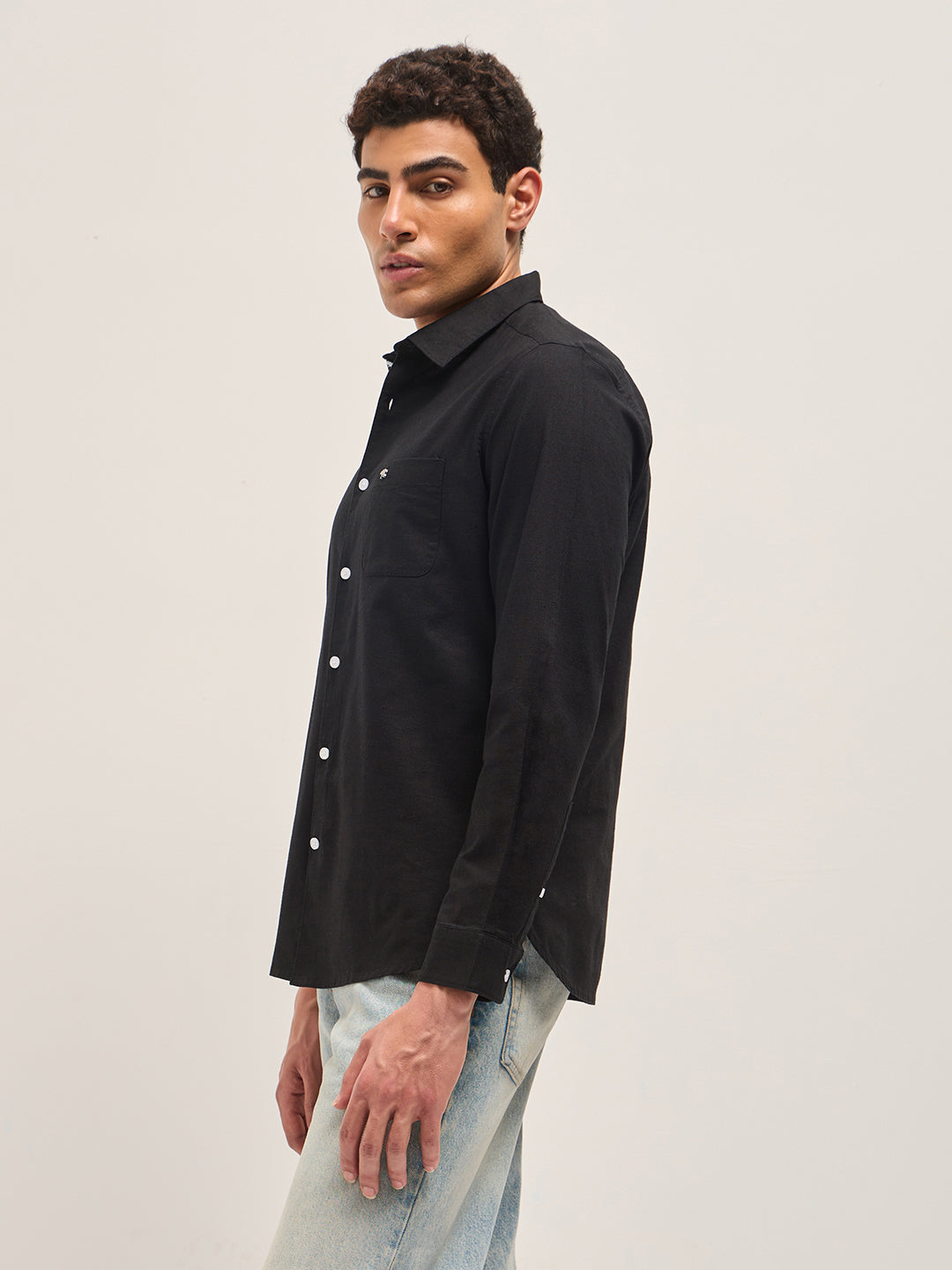 Black Cotton Linen Slim Fit Solid Casual Shirt