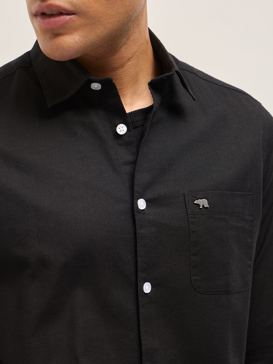 Black Cotton Linen Slim Fit Solid Casual Shirt
