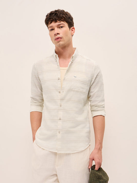 Beige Slim Fit Casual Shirt with Woven Horizontal Textured Stripes