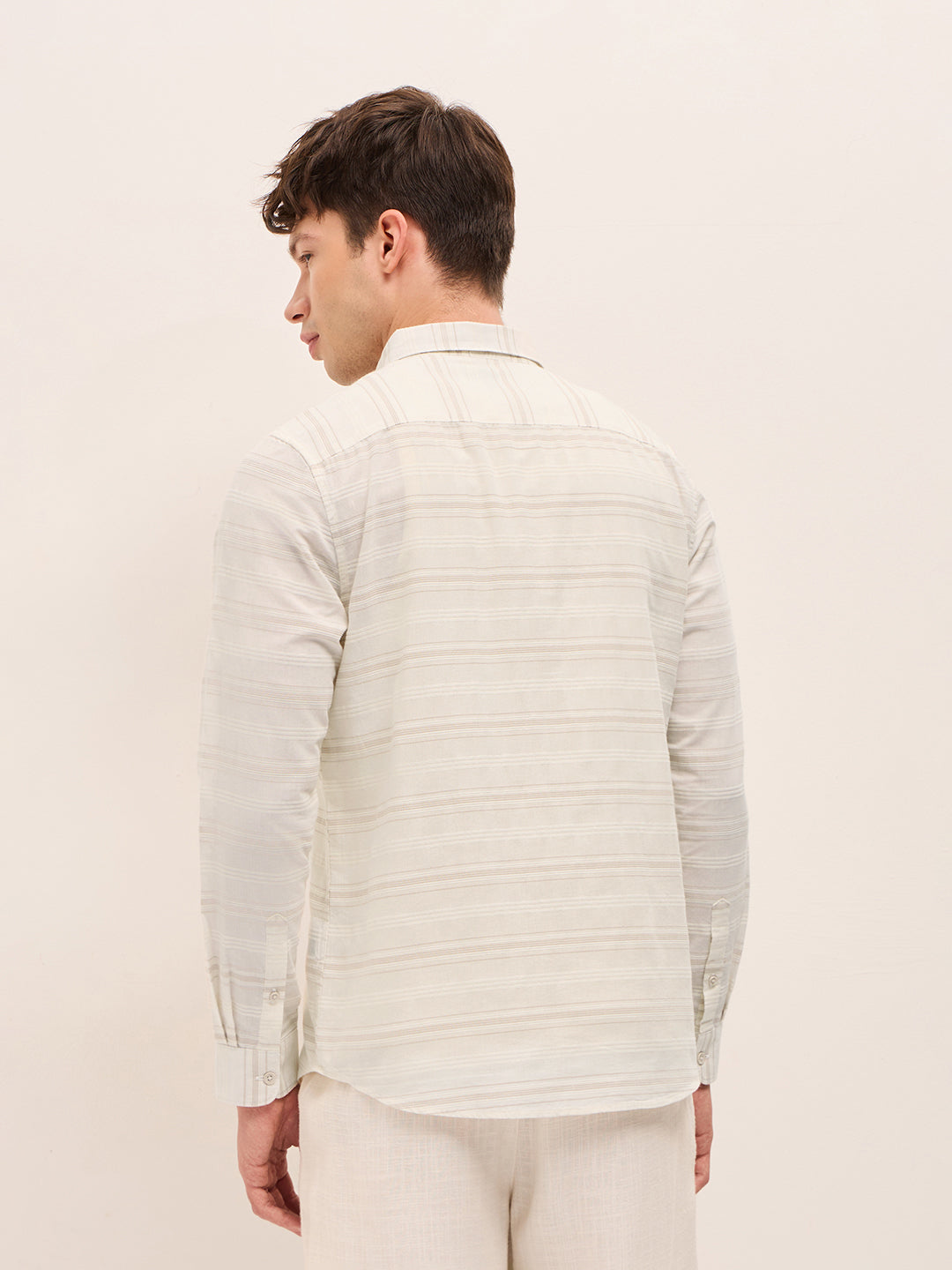 Beige Slim Fit Casual Shirt with Woven Horizontal Textured Stripes