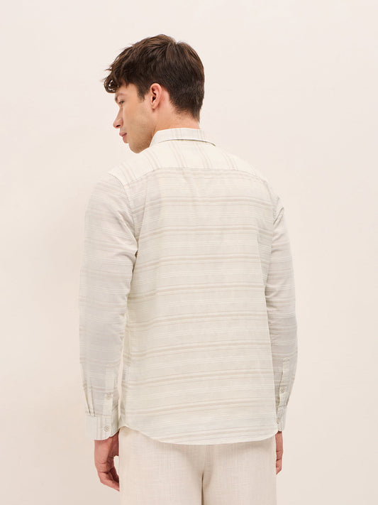 Beige Slim Fit Casual Shirt with Woven Horizontal Textured Stripes