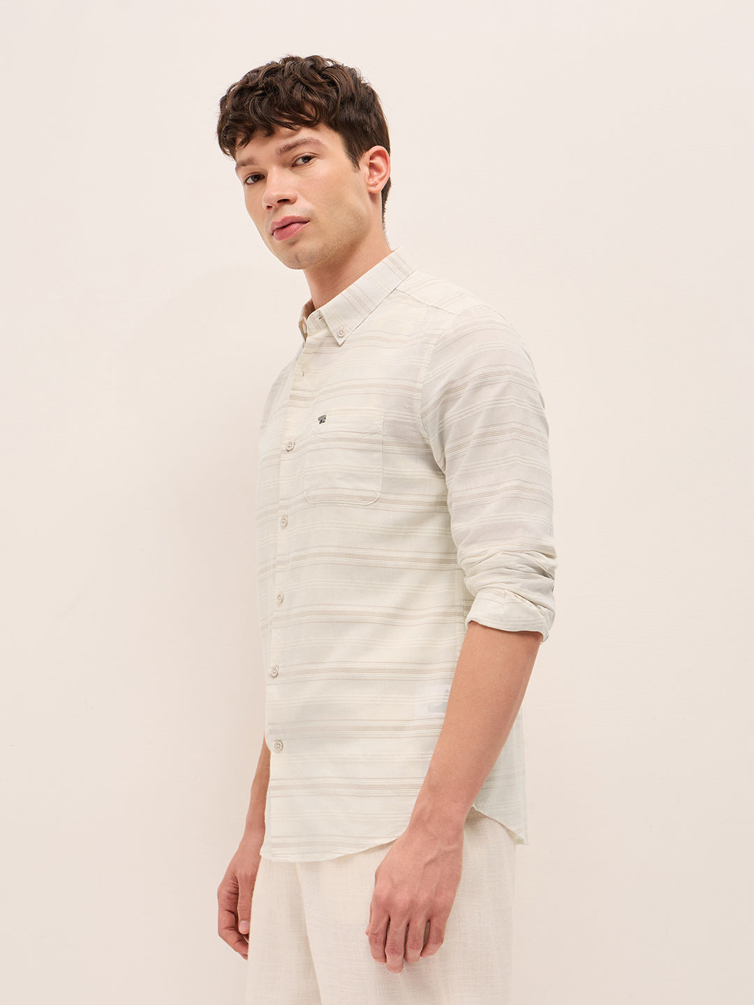Beige Slim Fit Casual Shirt with Woven Horizontal Textured Stripes