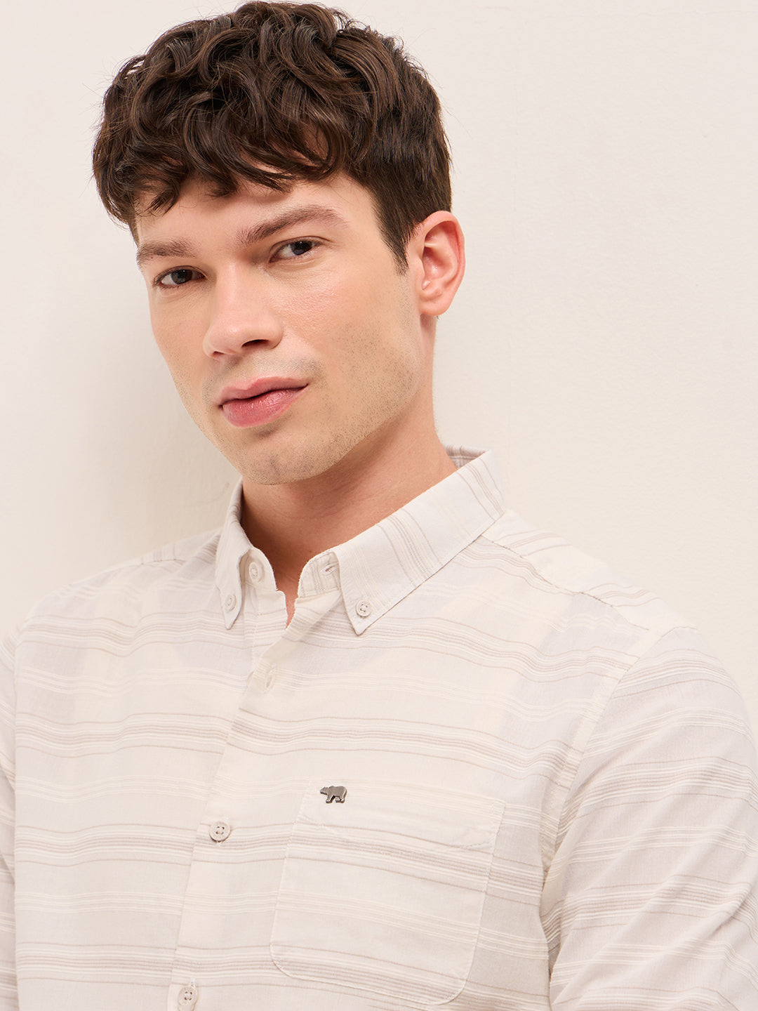 Beige Slim Fit Casual Shirt with Woven Horizontal Textured Stripes