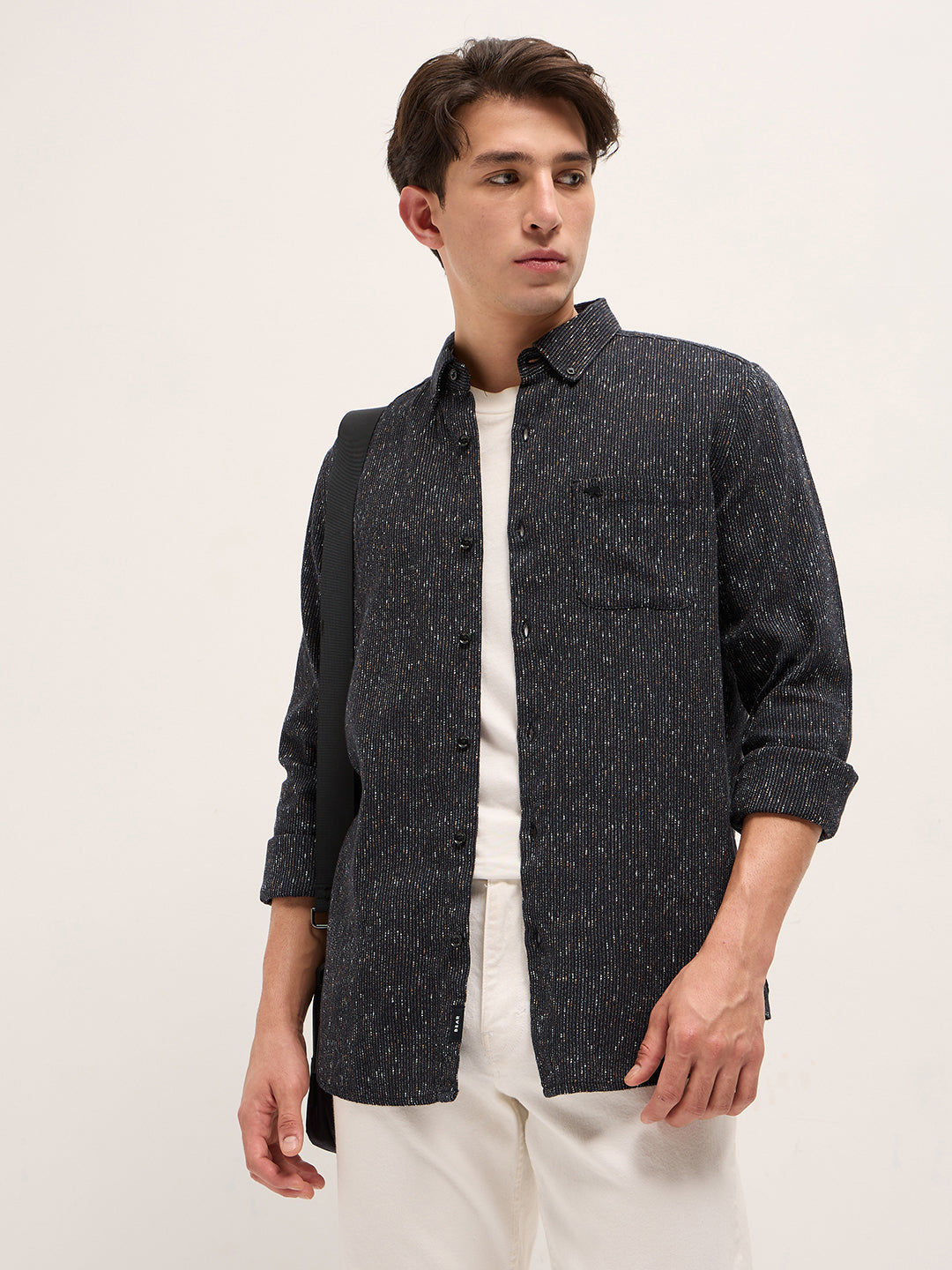 Black Woven Design Cotton Blend Slim Fit Casual Shirt