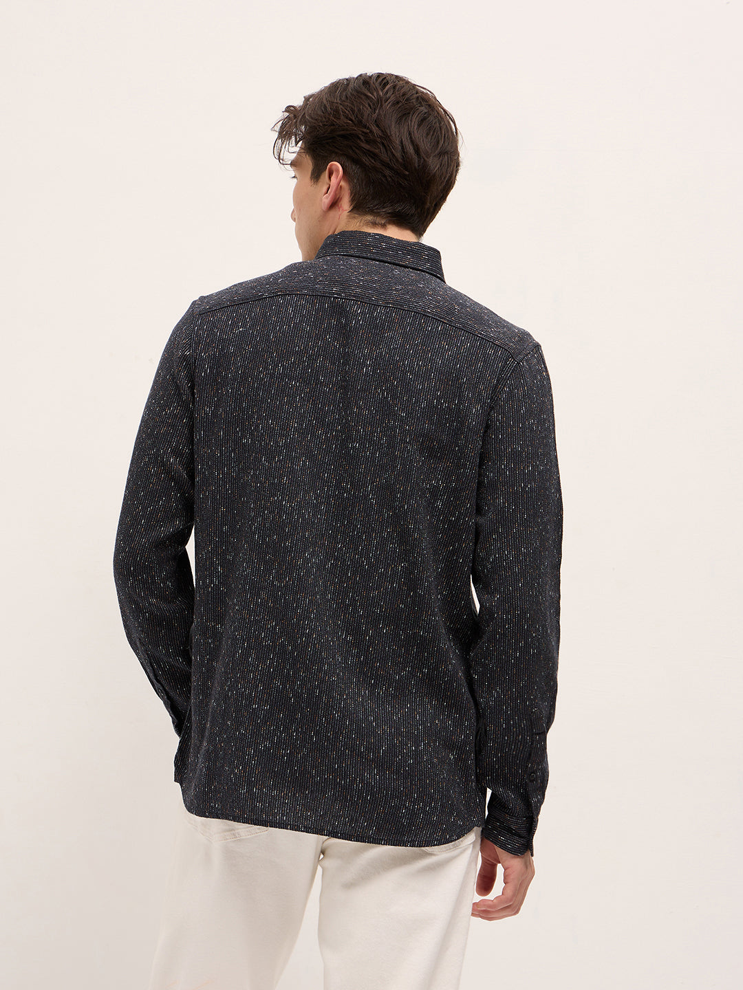 Black Woven Design Cotton Blend Slim Fit Casual Shirt