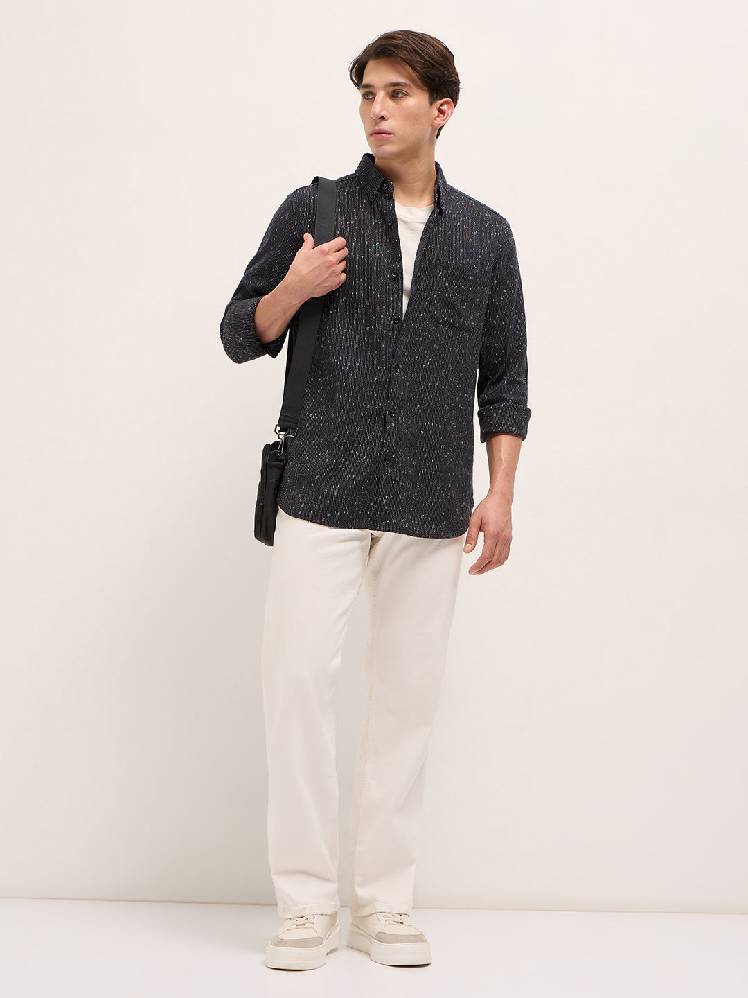 Black Woven Design Cotton Blend Slim Fit Casual Shirt