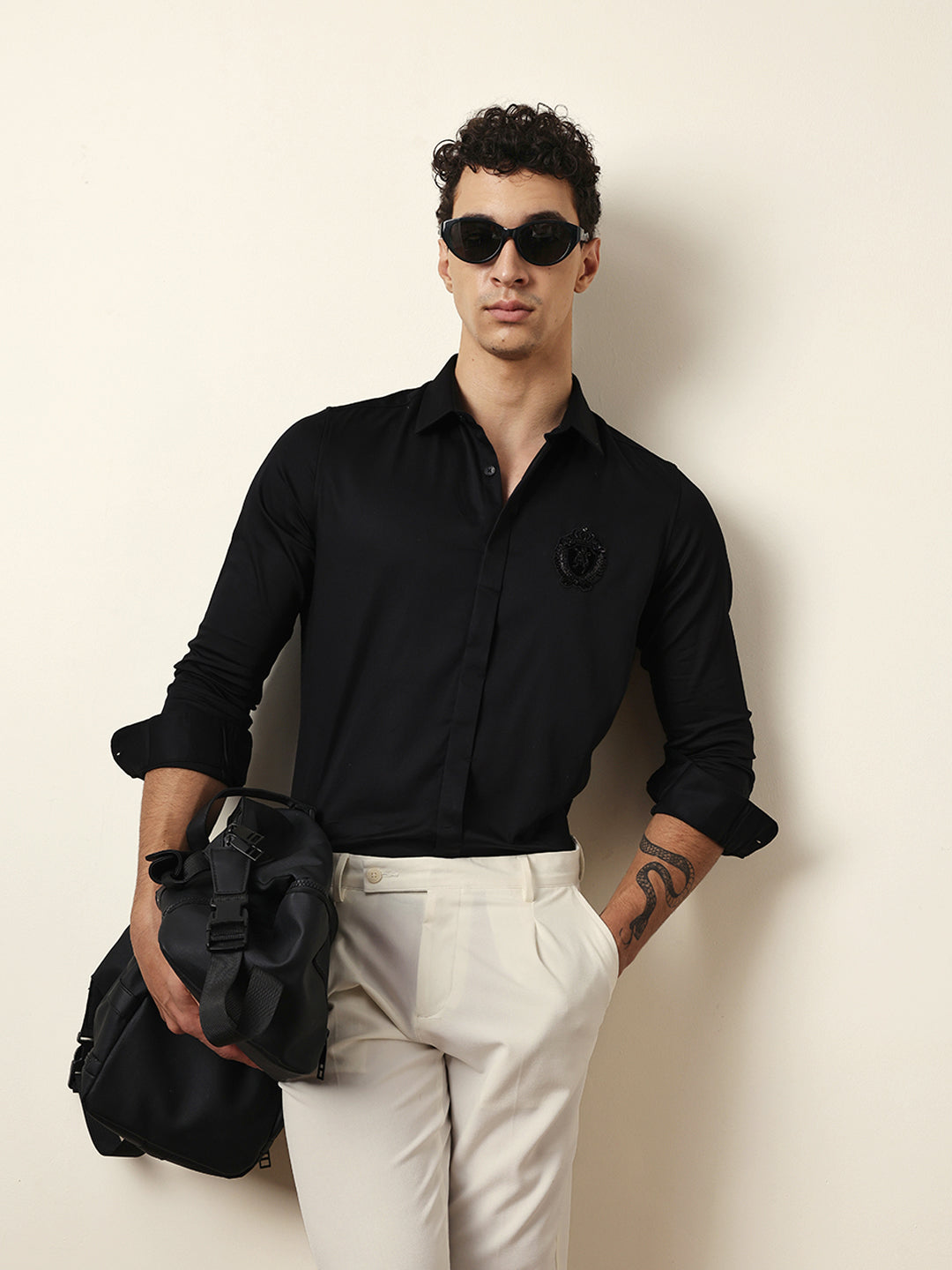 Black Tailored Fit Formal Party Shirt with Elegant Crest Embroidery
