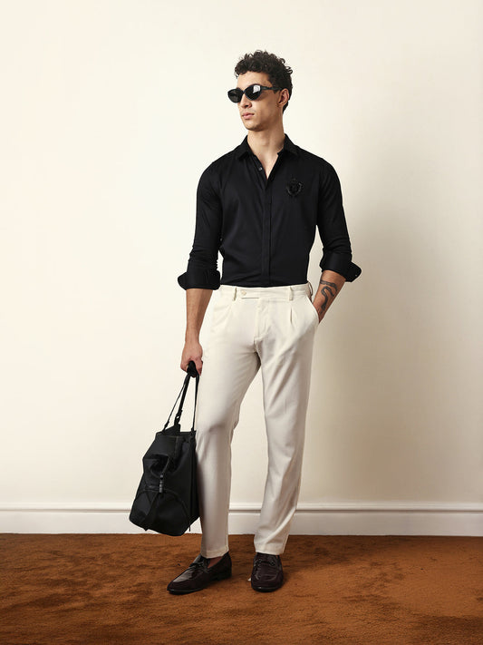 Black Tailored Fit Formal Party Shirt with Elegant Crest Embroidery