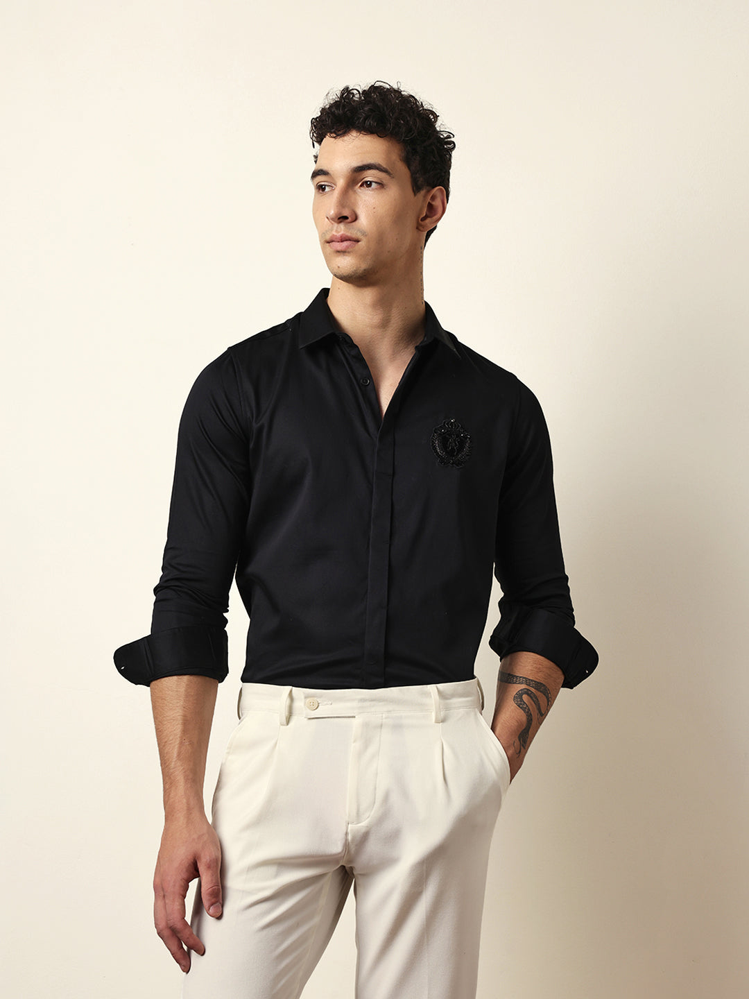 Black Tailored Fit Formal Party Shirt with Elegant Crest Embroidery