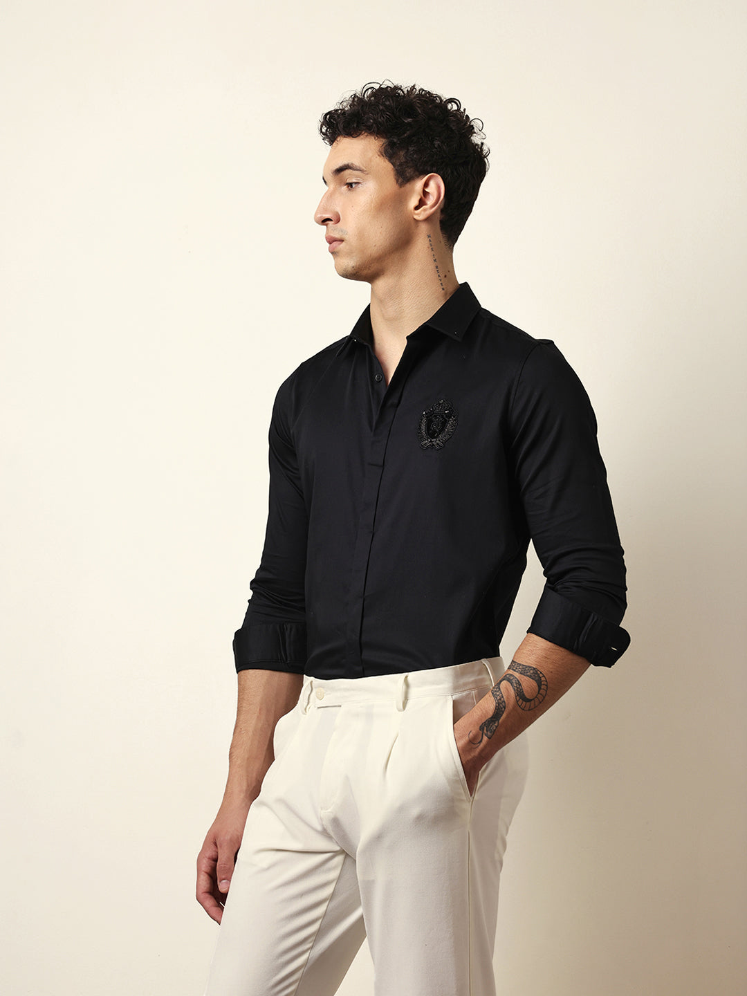 Black Tailored Fit Formal Party Shirt with Elegant Crest Embroidery