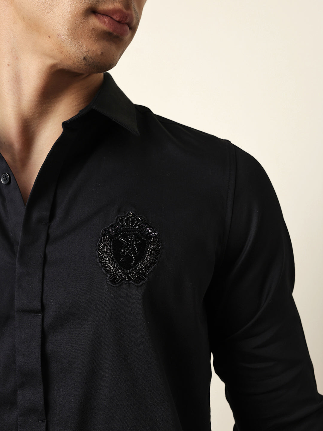 Black Tailored Fit Formal Party Shirt with Elegant Crest Embroidery