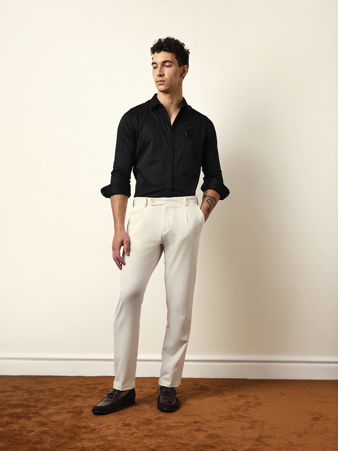 Black Tailored Fit Formal Party Shirt with Elegant Crest Embroidery