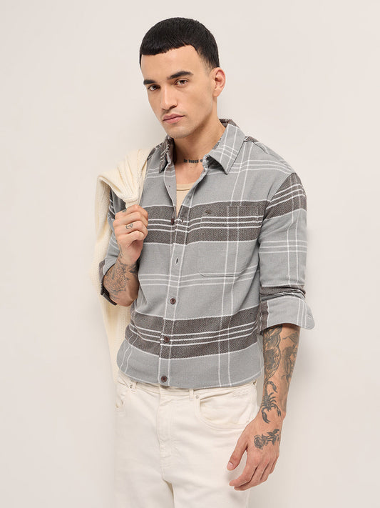 Grey Woven Checkered Relaxed Fit Casual Shirt