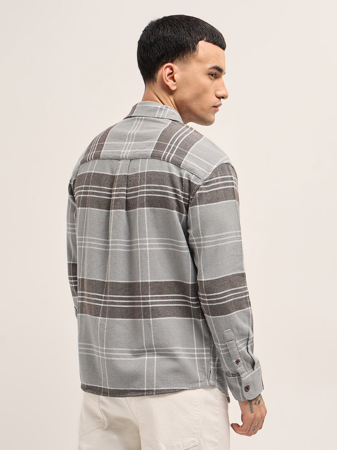 Grey Woven Checkered Relaxed Fit Casual Shirt
