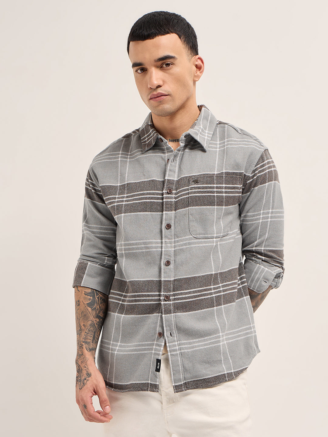 Grey Woven Checkered Relaxed Fit Casual Shirt