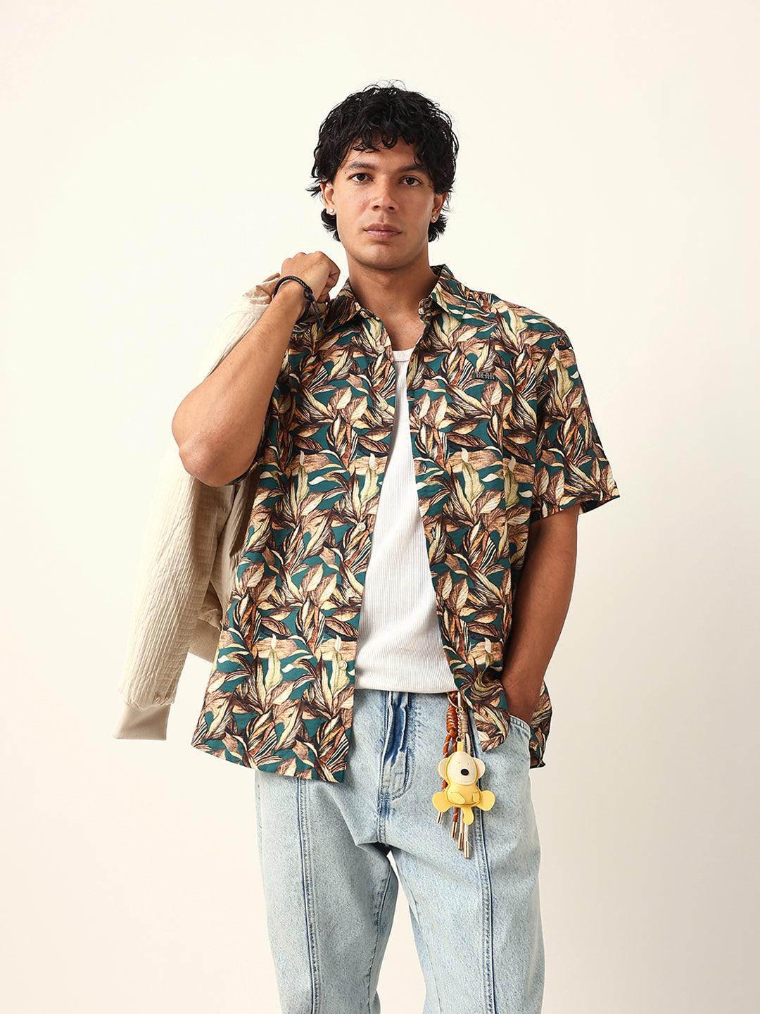 Multicolor Tropical Leaf Printed Relax Fit Resort Shirt
