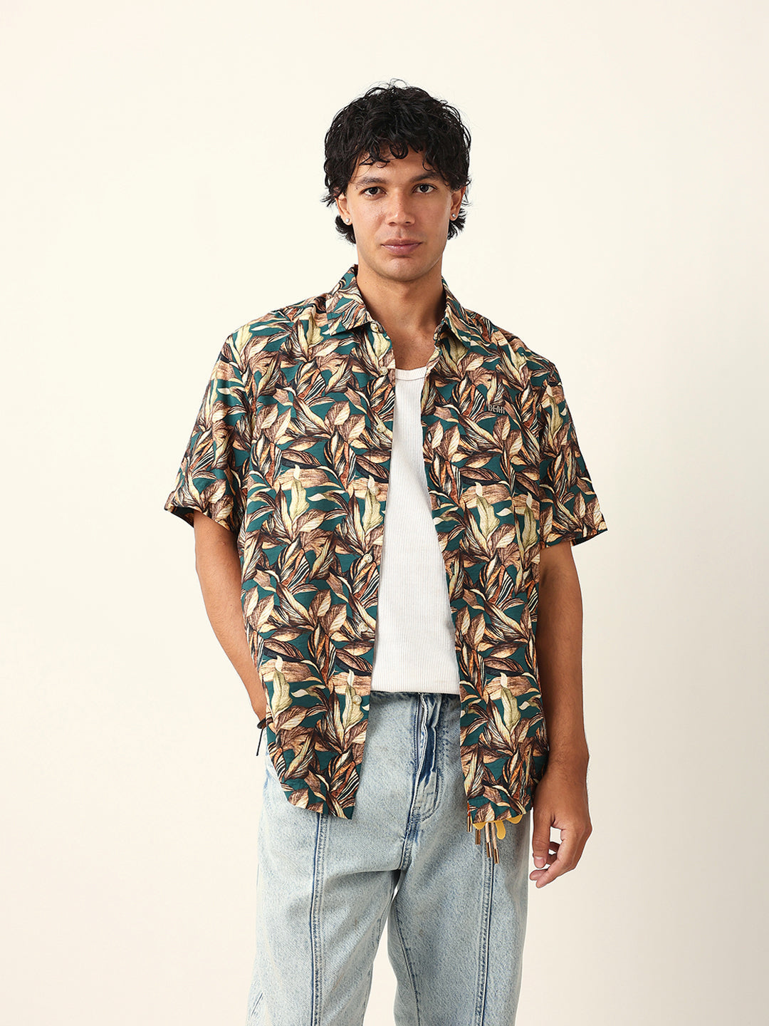 Multicolor Tropical Leaf Printed Relax Fit Resort Shirt