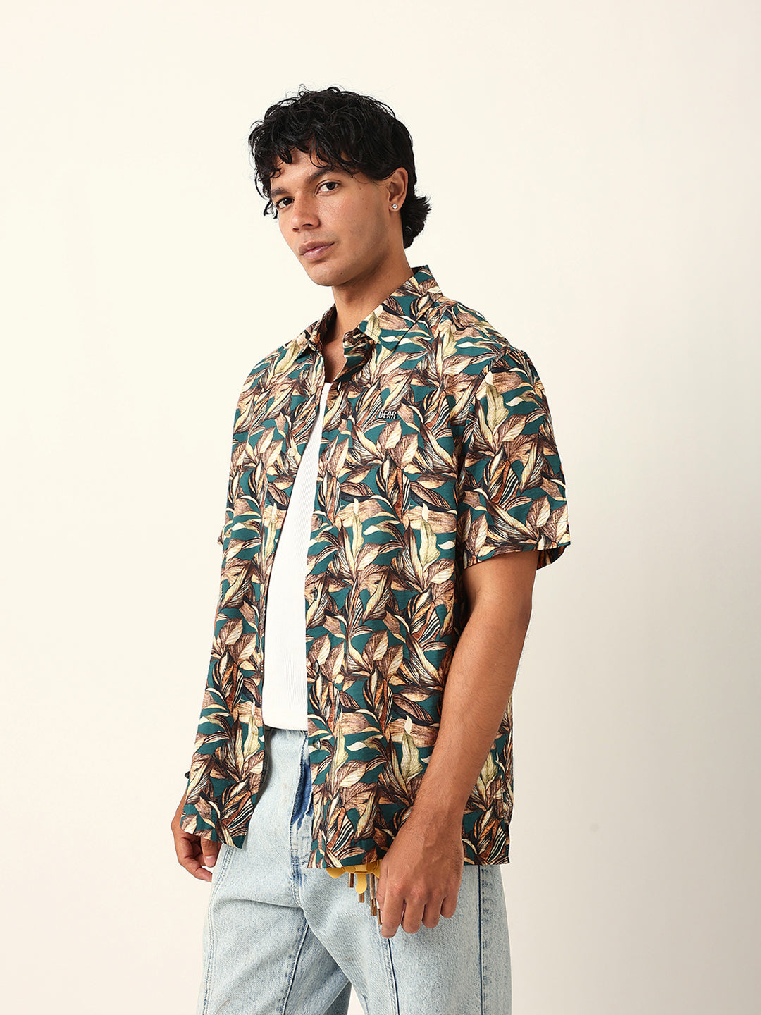Multicolor Tropical Leaf Printed Relax Fit Resort Shirt