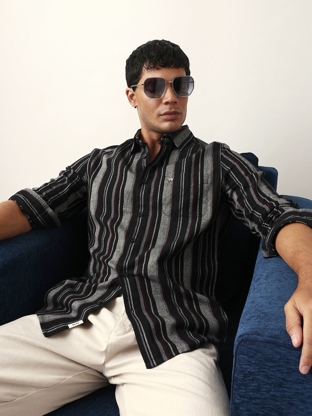 Black Vertical Woven Stripe Slim Fit Casual Shirt