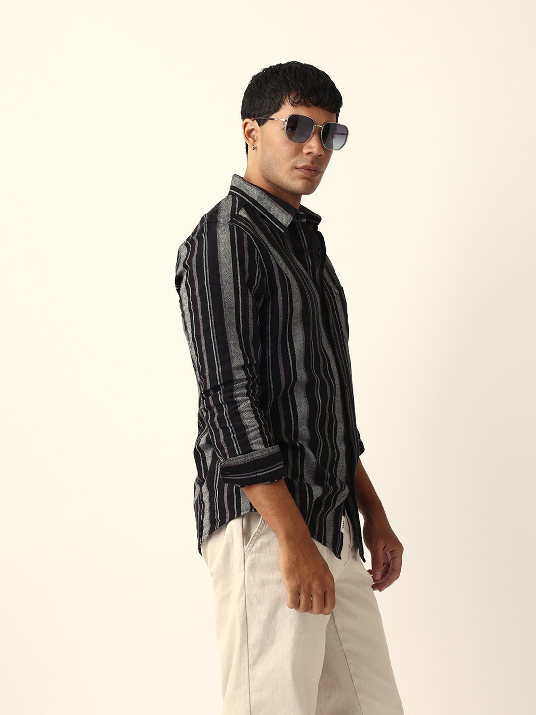 Black Vertical Woven Stripe Slim Fit Casual Shirt