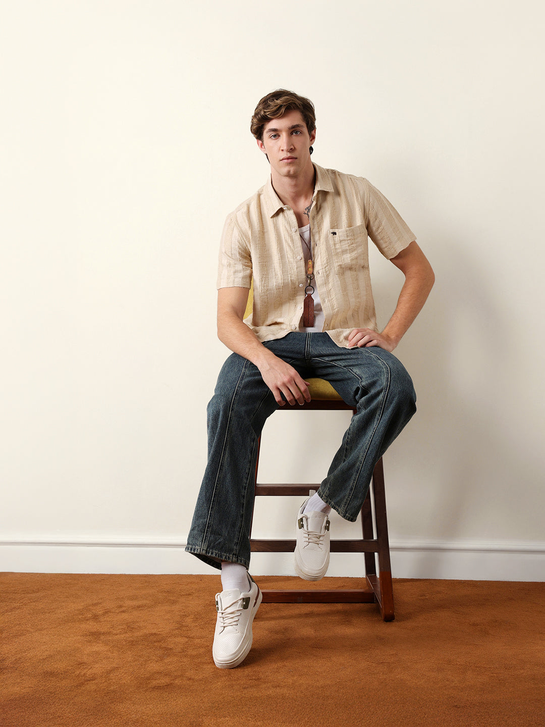 Beige Vertical Stripe Dobby Woven Regular Fit Casual Shirt