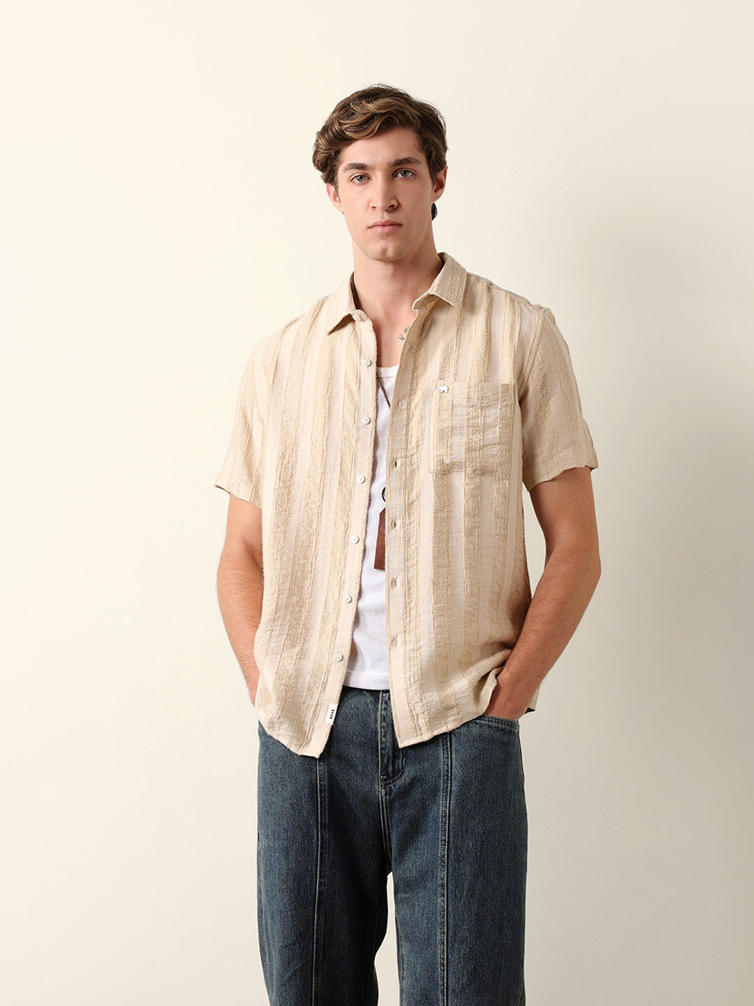 Beige Vertical Stripe Dobby Woven Regular Fit Casual Shirt