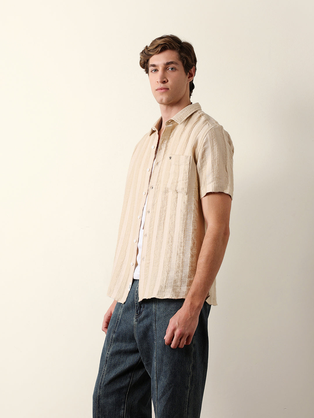 Beige Vertical Stripe Dobby Woven Regular Fit Casual Shirt