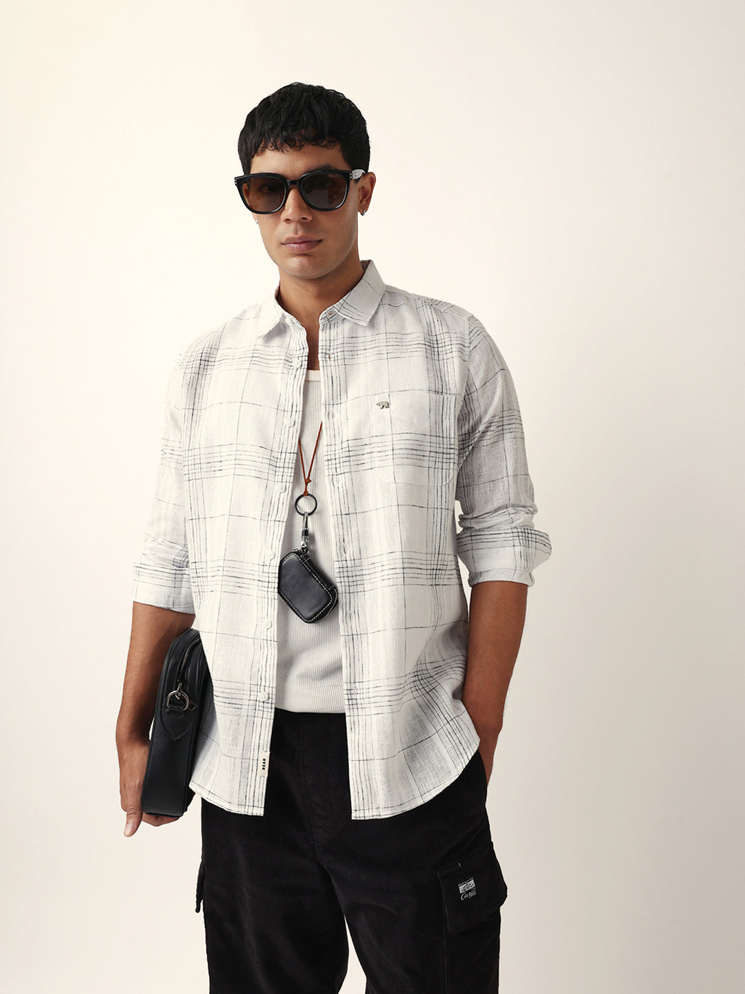 White Woven Checked Slim Fit Casual Shirt