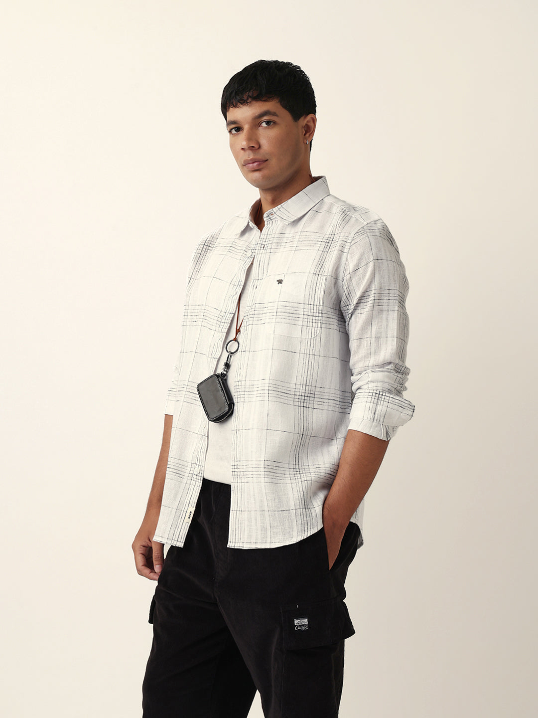 White Woven Checked Slim Fit Casual Shirt