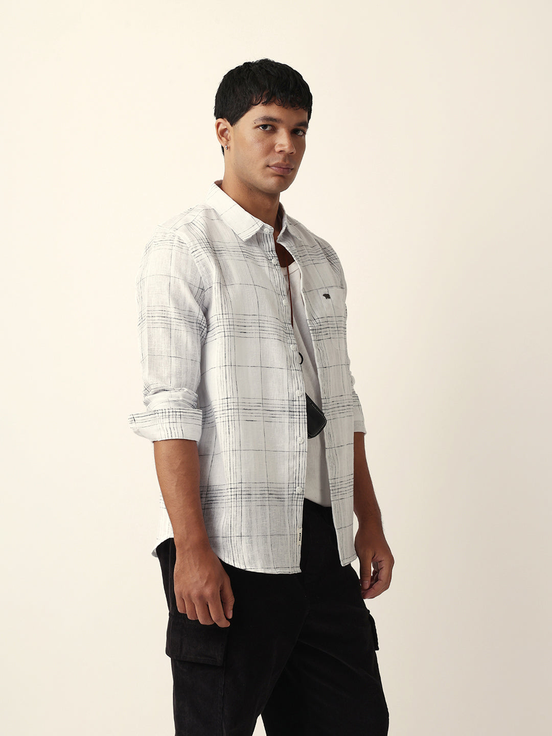White Woven Checked Slim Fit Casual Shirt